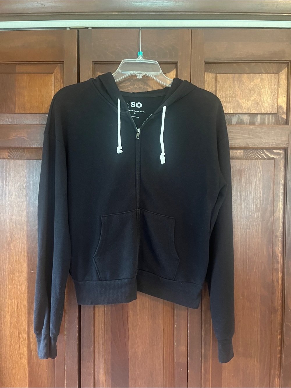 SO Black Zip-Up Hoodie with White Drawstrings